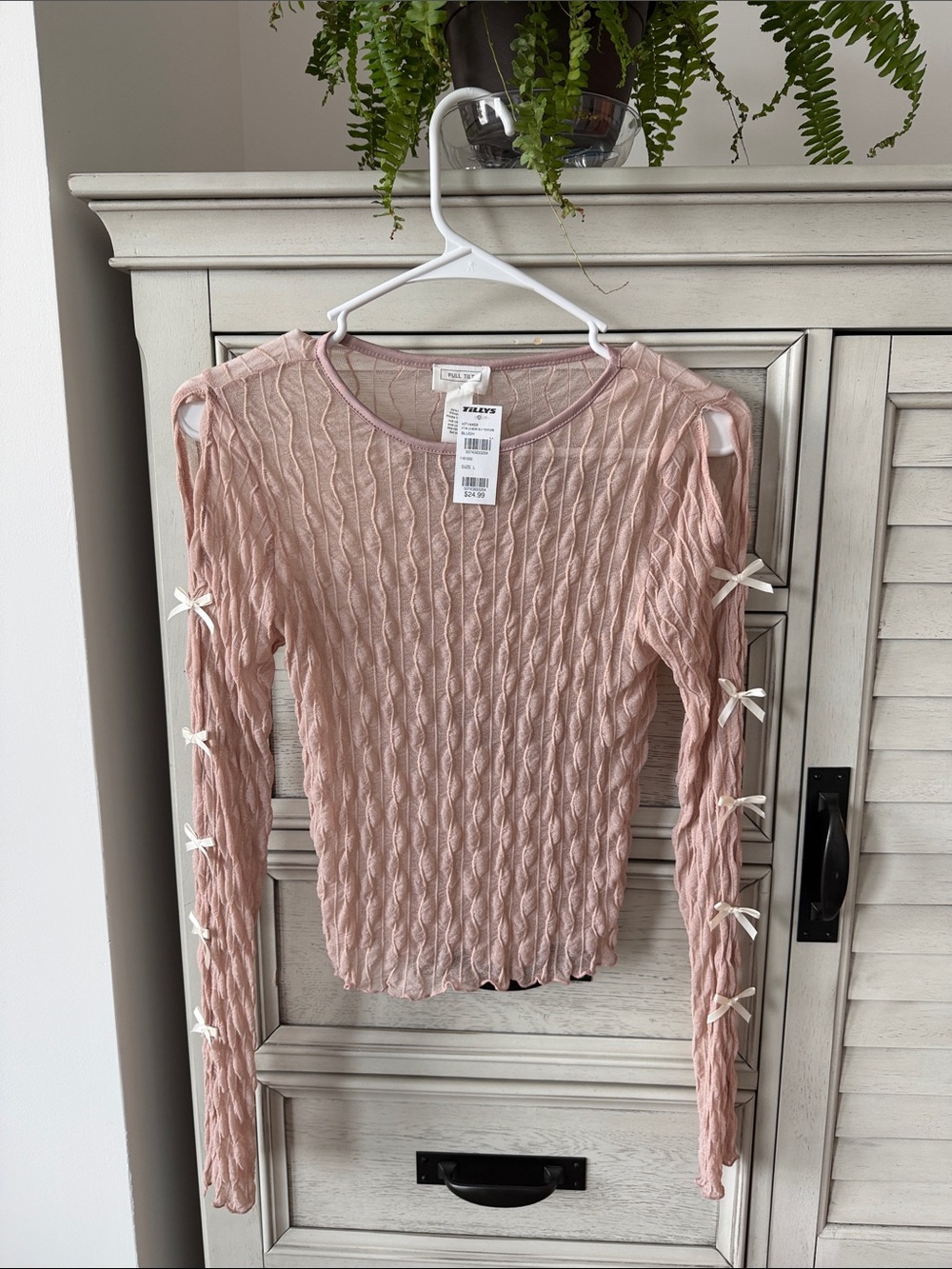 Tilly’s Full Tilt Dusty Pink Meah Long Sleeve Top with Bow and Cut-Out Accents